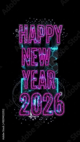 Vibrant Neon Happy New Year 2026 Greeting with Futuristic Cyberpunk Glow