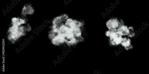 Realistic fog smoke transparent collection. Dreamy white clouds floating serenely against a stark black background, evoking peace and tranquility for nature, Vector steam vapor, 