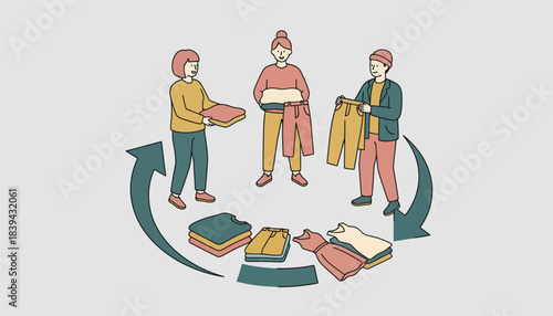 A seasonal clothing swap a friends exemplifying the sharing economy and reducing textile waste by extending the life of clothes.