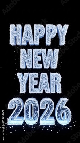 Happy New Year 2026 frosty icy snow effect text on a black background