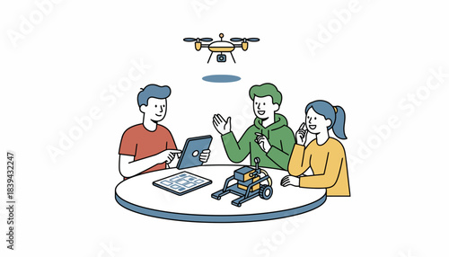 A group of students gather around a table eagerly discussing their robotics project while a small drone hovers above.