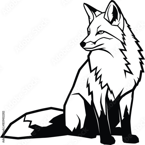 Monochromatic vector line art of a sly fox sitting with a bushy tail, turning its head, a detailed wild animal logo or tattoo design.