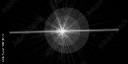 Flare cinematic light effect in black background. Abstract sun burst, digital flare, iridescent glare over black background. Bright gray Starburst with Radiating Lines and a Dark Background