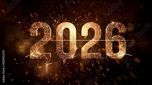 Sparkling Gold 2026 Text with Glitter Particles on a Dark Festive Background