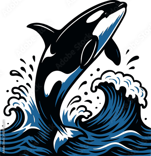 Killer Whale Jump Blue Waves Vector Design