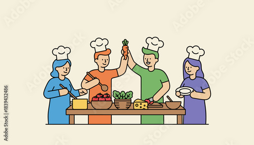 A group of friends participating in a cooking class focused on preparing traditional meals using fresh local ingredients fostering a sense of connection to their food.