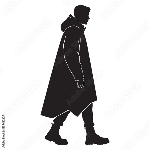 Oversized poncho rain cape man silhouette walking profile vector urban