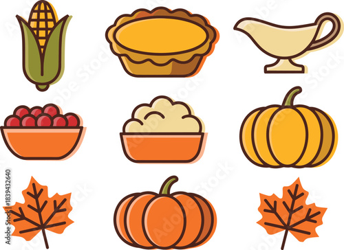 Thanksgiving and autumn illustration set featuring corn, pie, gravy, cranberries, mashed potatoes, pumpkins, and maple leaves for seasonal holiday designs