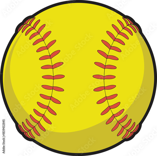 Simple yellow softball illustration with red stitches, sports equipment graphic, isolated ball design for athletics, softball icons, and recreation themes