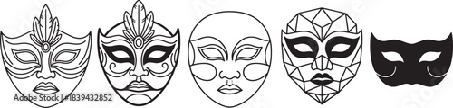 Decorative Face Mask Icon Set – Artistic, Tribal, Carnival, and Solid Silhouette Mask Designs for Festival Graphics, Cultural Art, Theater Themes, and Vector Illustrations