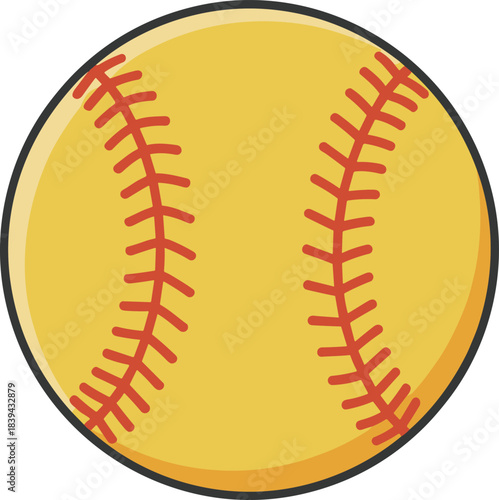 Simple yellow softball illustration with red stitches, sports equipment graphic, isolated ball design for athletics, softball icons, and recreation themes