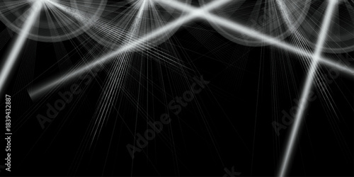 Flare cinematic light effect in black background. Abstract sun burst, digital flare, iridescent glare over black background. Bright gray Starburst with Radiating Lines and a Dark Background