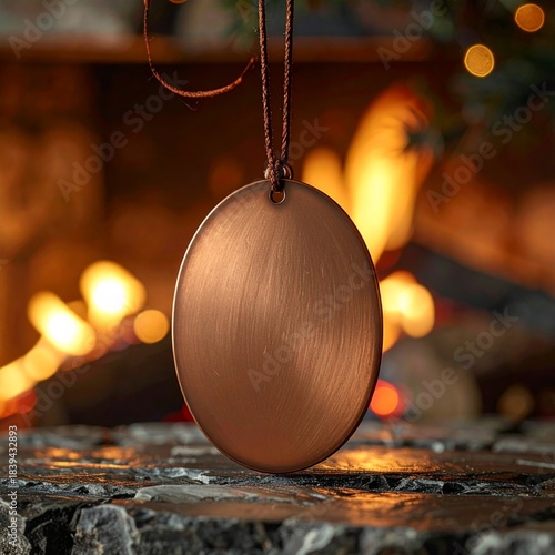 Oval Copper Christmas Ornament Hanging Near Fireplace Bokeh Lights and Pine Garland