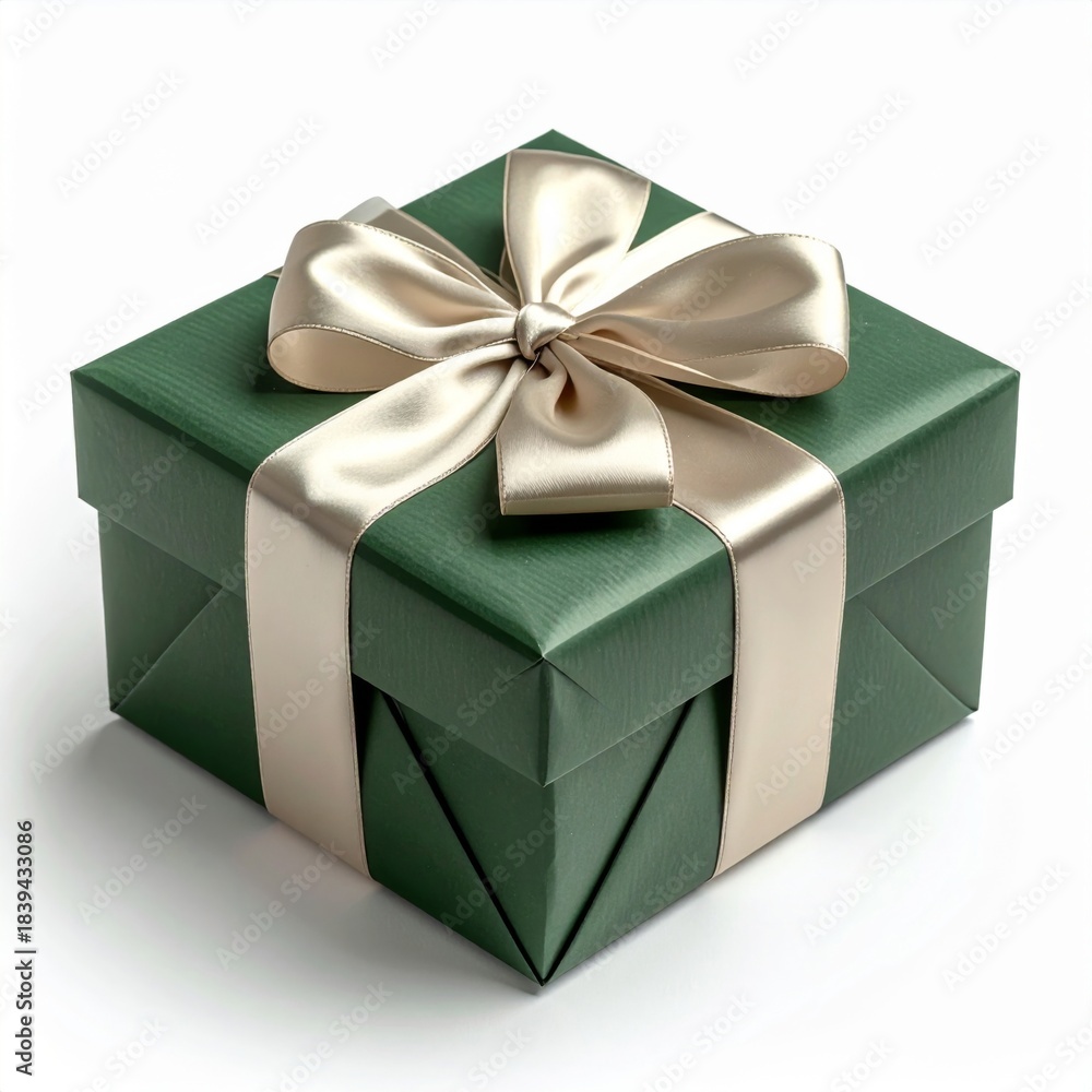 Fototapeta premium Elegant Green Gift Box Tied with a Champagne Satin Ribbon on White Background