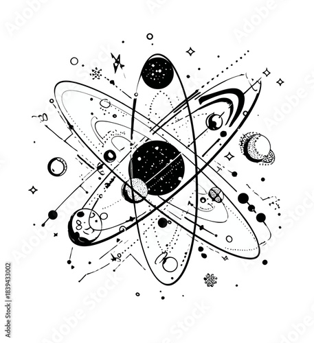 Abstract Science Illustration: Stylized Atomic Structure with Celestial Bodies, Planets, and Interconnecting Orbits. Cosmic Energy Concept.