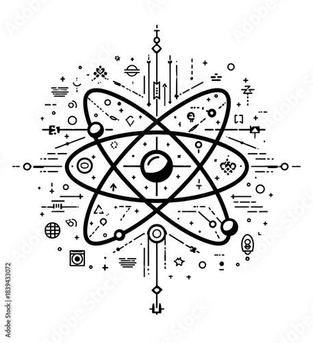 Minimalist Atomic Structure Icon. Science, Technology, and Innovation Abstract Geometric Line Art Vector Design.