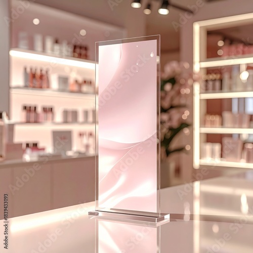 Clean Pink Abstract Design on Transparent Display Stand in Retail Store Interior