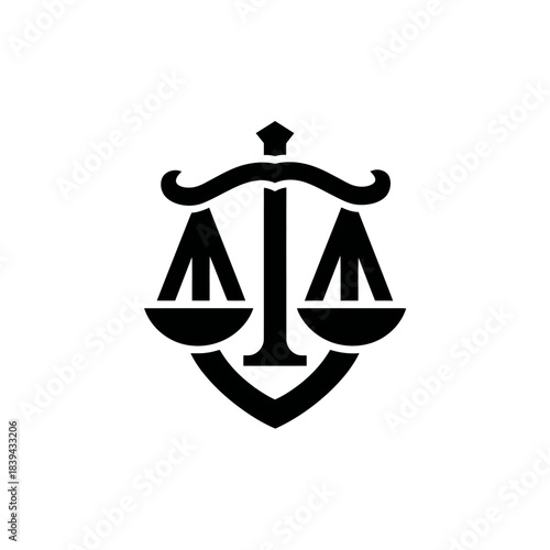 Black and white scales of justice symbol. Legal system icon representing law, balance, equity, fairness, and court jurisprudence.