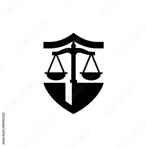 Justice Scales within a Shield Icon. Law Firm Emblem, Legal System Symbol of Balance and Equity Vector Graphic Design