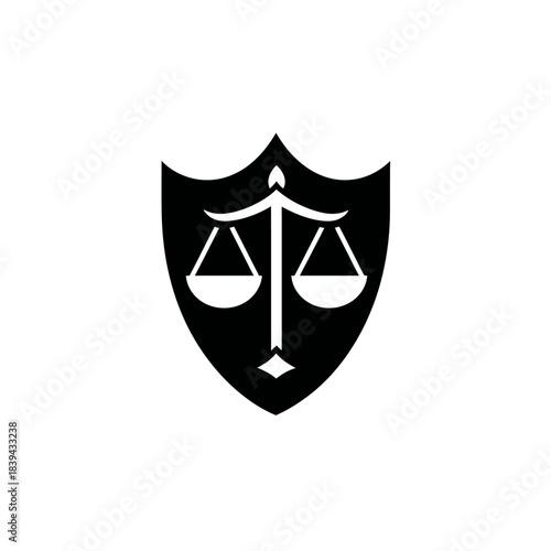 Justice scales in shield icon. Law and order symbol. Legal system emblem for protection and balance.