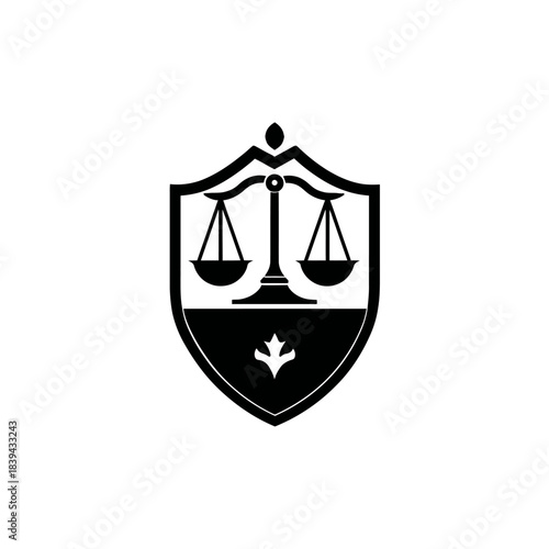 Legal scales of justice in a shield icon, representing law, court, balance, fairness, and equality. Black and white graphic.