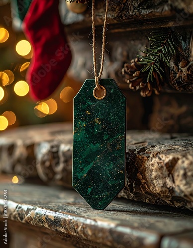 Close up of green christmas ornament hanging on fireplace with bokeh lights and pine cone