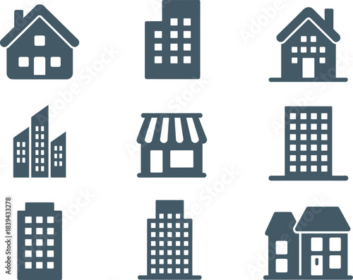 Minimalist building and house icon set featuring residential homes, office towers, shops, and commercial structures in clean monochrome vector design