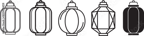 Lantern Icon Set – Decorative Outline, Rounded, Geometric Faceted, and Solid Silhouette Lantern Designs for Ramadan, Outdoor Lighting, Interior Decor, and Vector Illustrations