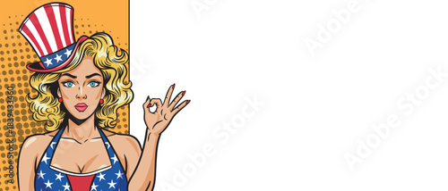 A beautiful girl in a hat with the colors of the US flag in pop art style shows OK near an empty banner.