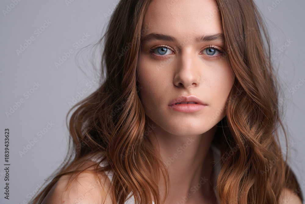 Naklejka premium Retrato elegante de mujer joven con cabello castaño ondulado y ojos azules, posando en estudio con iluminación suave y expresión serena.