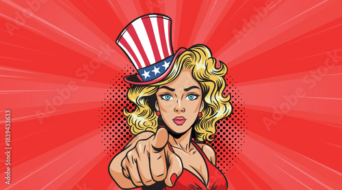 A beautiful girl in a pop art hat with the colors of the US flag points at you 