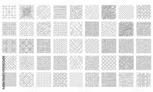 A diverse collection of 49 hand drawn geometric line pattern swatches for graphic design and texture creation
