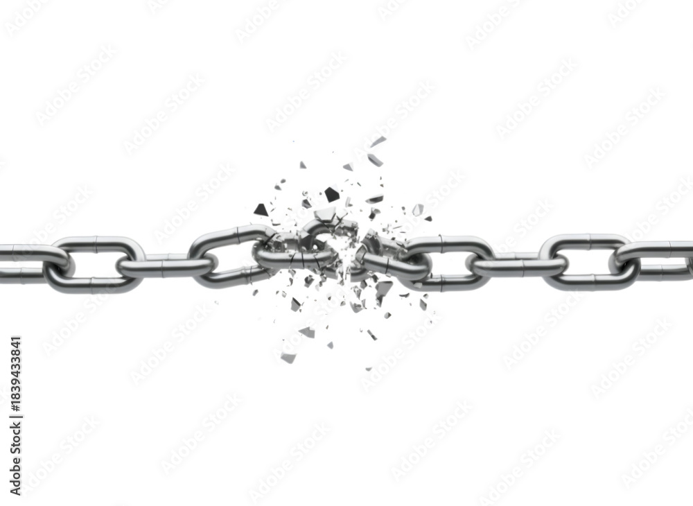 Fototapeta premium Breaking Metal Chain Links Exploding on Dark Background on white background