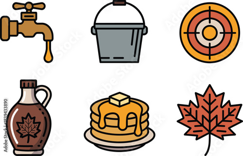 Minimalist maple syrup and pancake icon set featuring taps, buckets, maple leaves, and breakfast elements in simple flat line-art style
