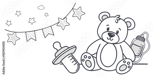 “Baby announcement SVG, cute pastel outline icons, teddy bear, stars, pacifier, modern minimal nursery design.”
