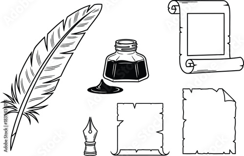 Black line icons of neat feather quill ink bottle scroll parchment paper writing set vector art icons