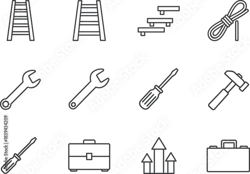 Black outlines neat icons of neat ladder step climb reach tool repair set vector