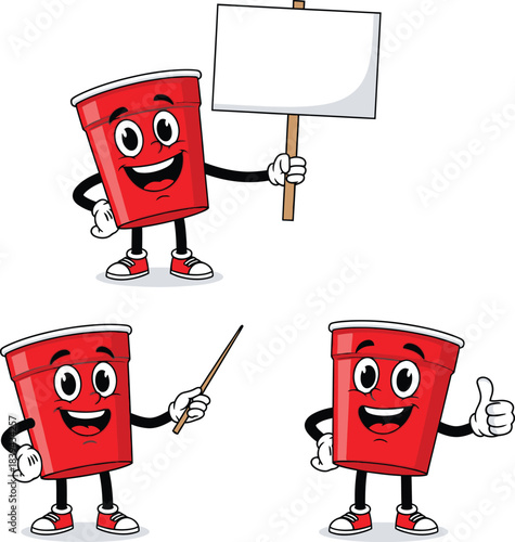 Cheerful cartoon red party cups with expressive faces holding a sign, pointer, and giving a thumbs up in a playful vector illustration