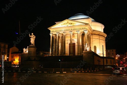 View of Church of the Gran Madre di Dio at night in Turin, Italy.