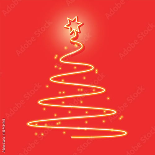 Stylish neon light spiral forming a modern Christmas tree and star on a vibrant red background. Minimalist holiday graphic design for greeting cards, banners, and digital projects