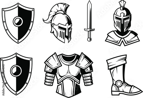 Clean white bold icons of neat shield sword helmet armor boot warrior battle set vector