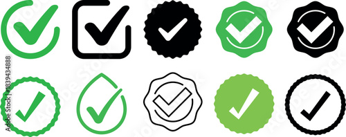 Verified Checkmark and Approval Tick Icon Set for Confirmation and Validation