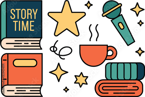 Storytime illustration set featuring books, microphone, coffee cup, stars, and cozy reading elements, perfect for podcasts, libraries, education, and creative designs