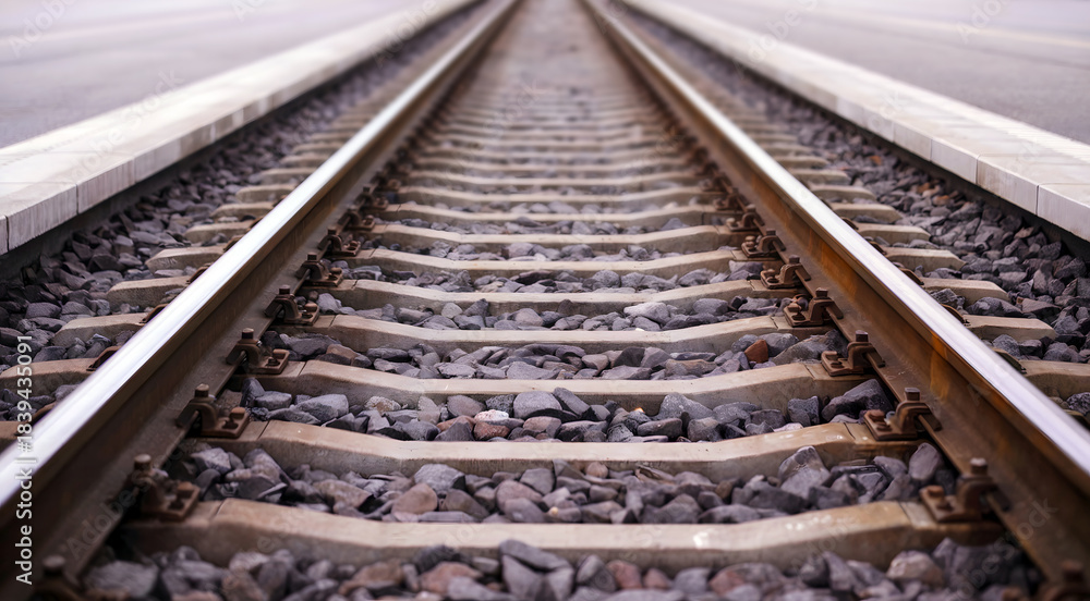 Fototapeta premium Railway train tracks stretching into distance with metal sleepers and gravel bed