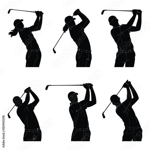 Collection of golf players black silhouettes set vector illustration isolated on transparent background showing different swing poses male and female