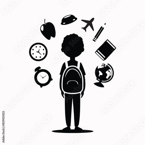 Child with backpack surrounded by school and travel icons silhouette