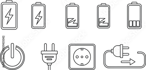 Clean white line icons of neat battery charge full power energy plug set vector