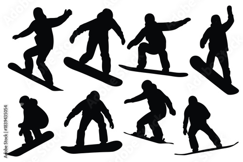 Collection of diverse snowboarder silhouettes in action on white background silhouette