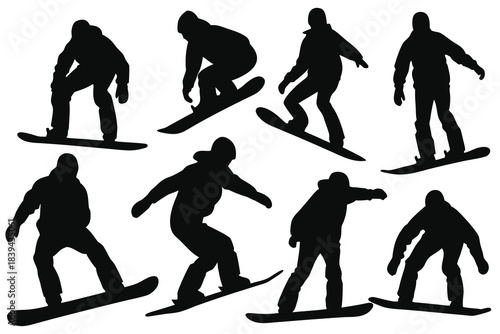 Collection of diverse snowboarder action poses in silhouette style