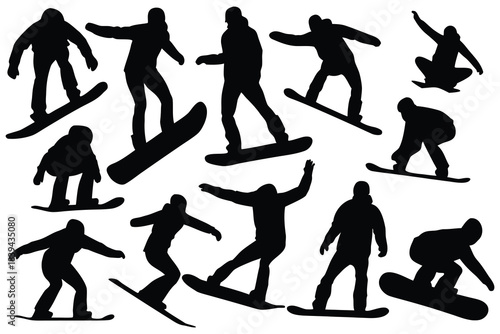 Collection of diverse snowboarder silhouettes in action on white background silhouette